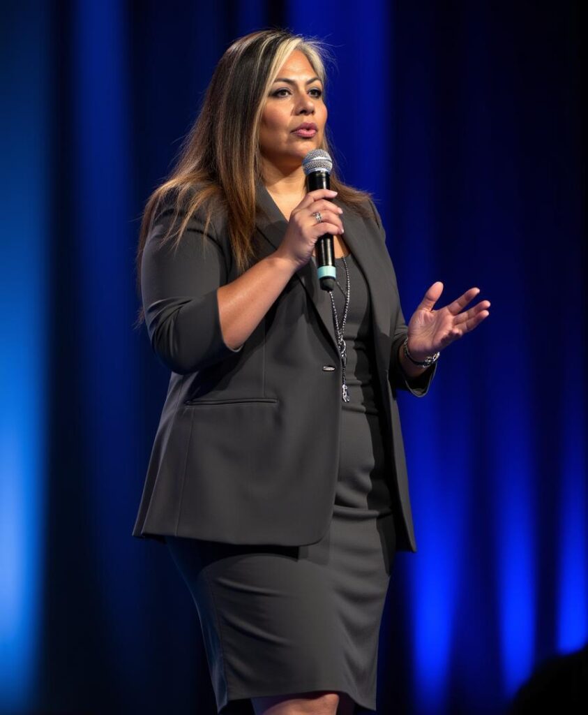 A woman in a black suit speaks on stage with a microphone against a blue background.