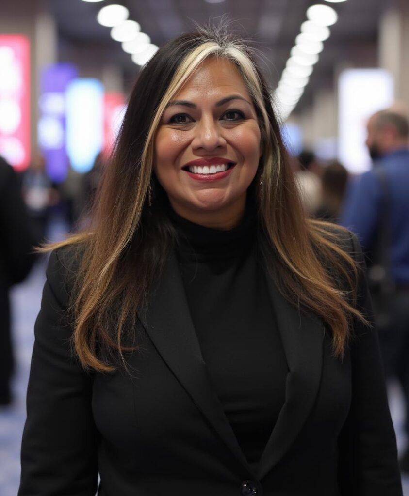 Smiling woman with long hair in a black outfit at a busy indoor event.