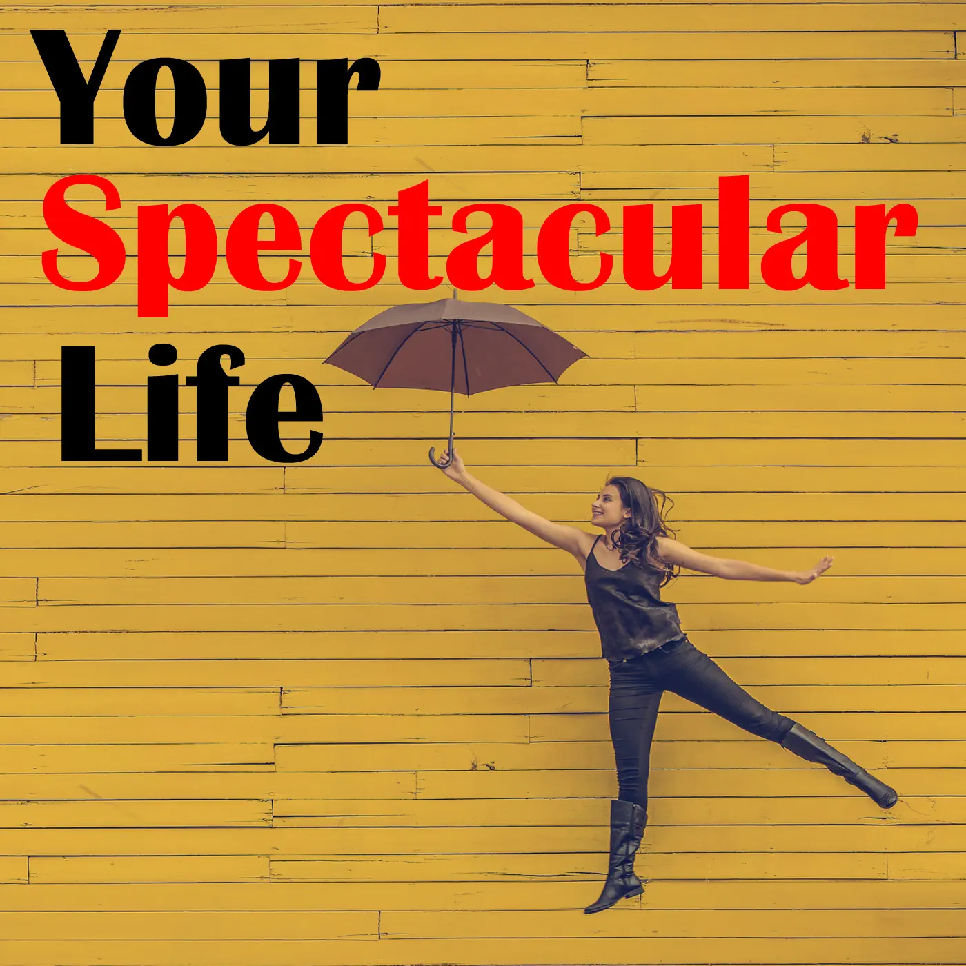 Woman jumping with umbrella, yellow background.