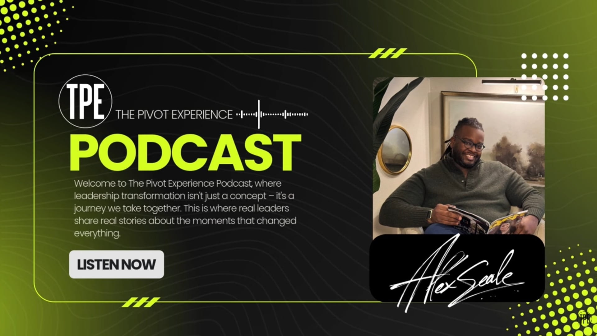 Podcast promotion with host photo and signature.