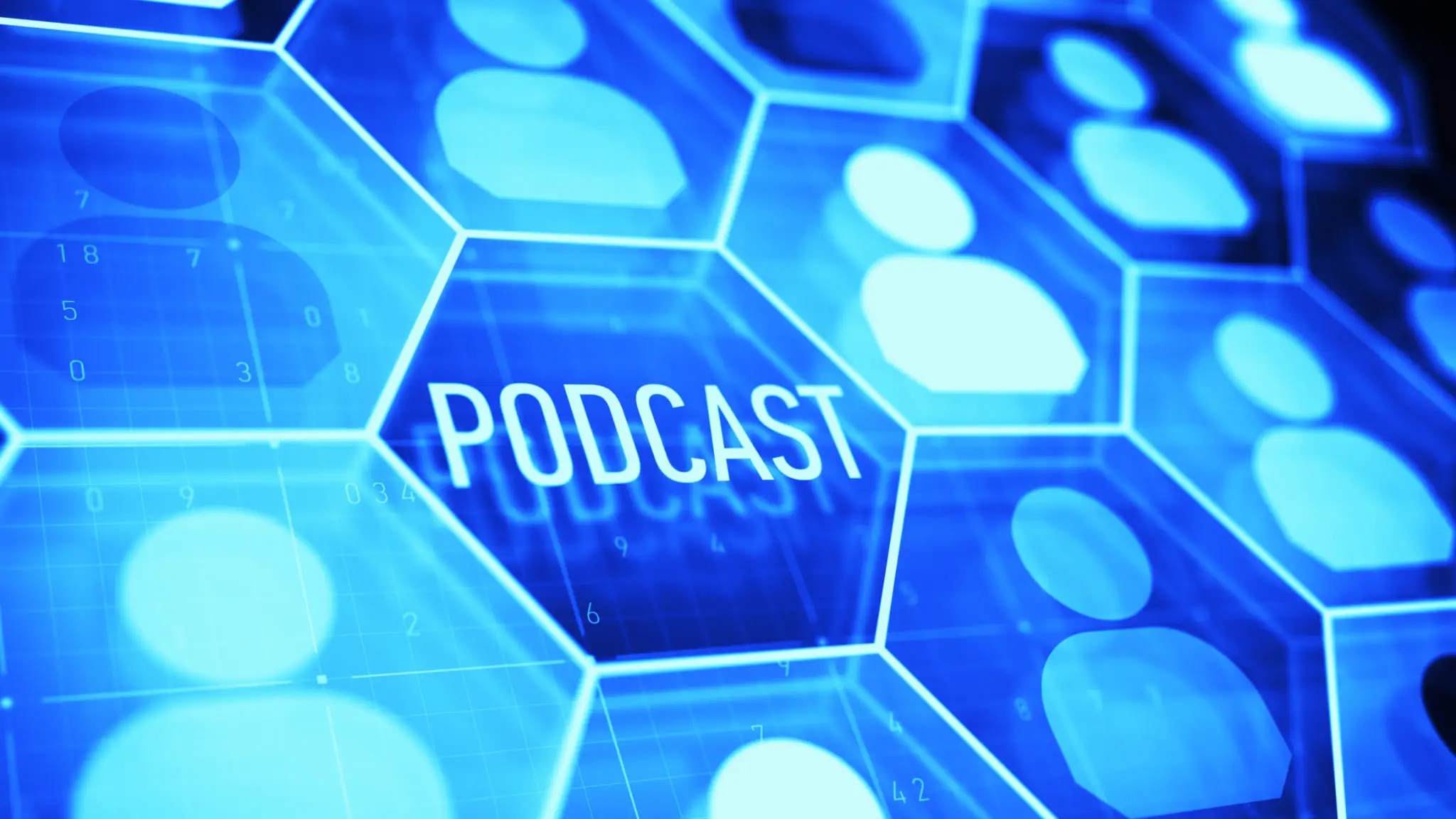 Podcast text on blue digital hexagonal background.