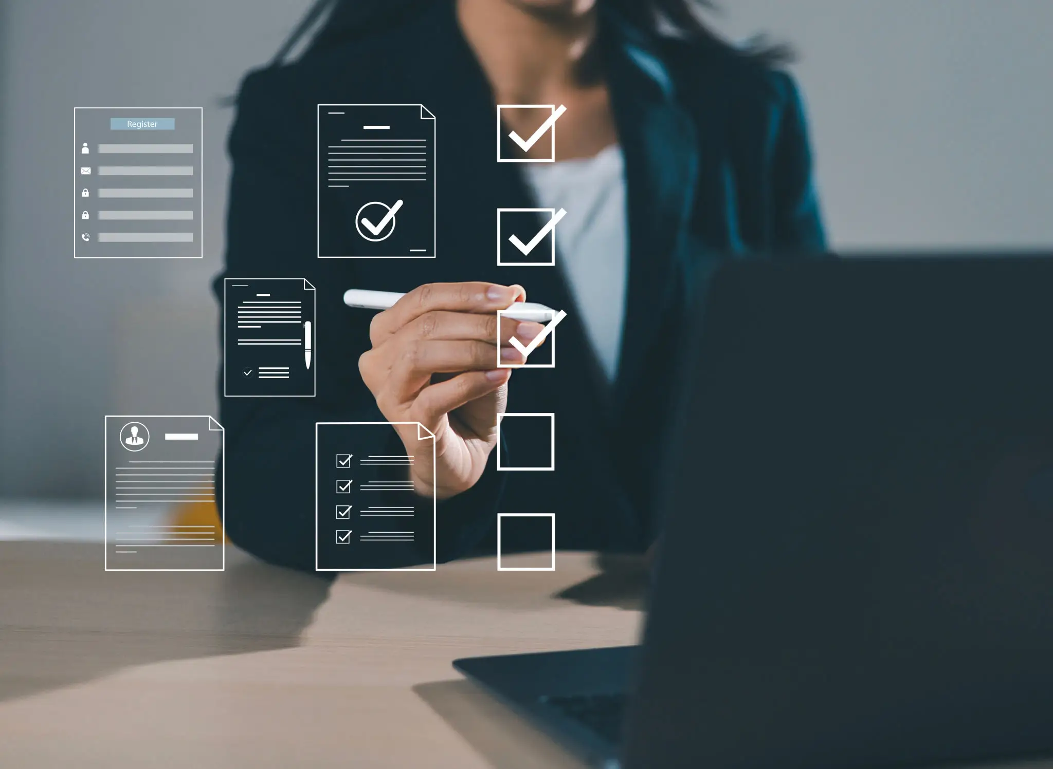Person interacting with digital checklist icons.