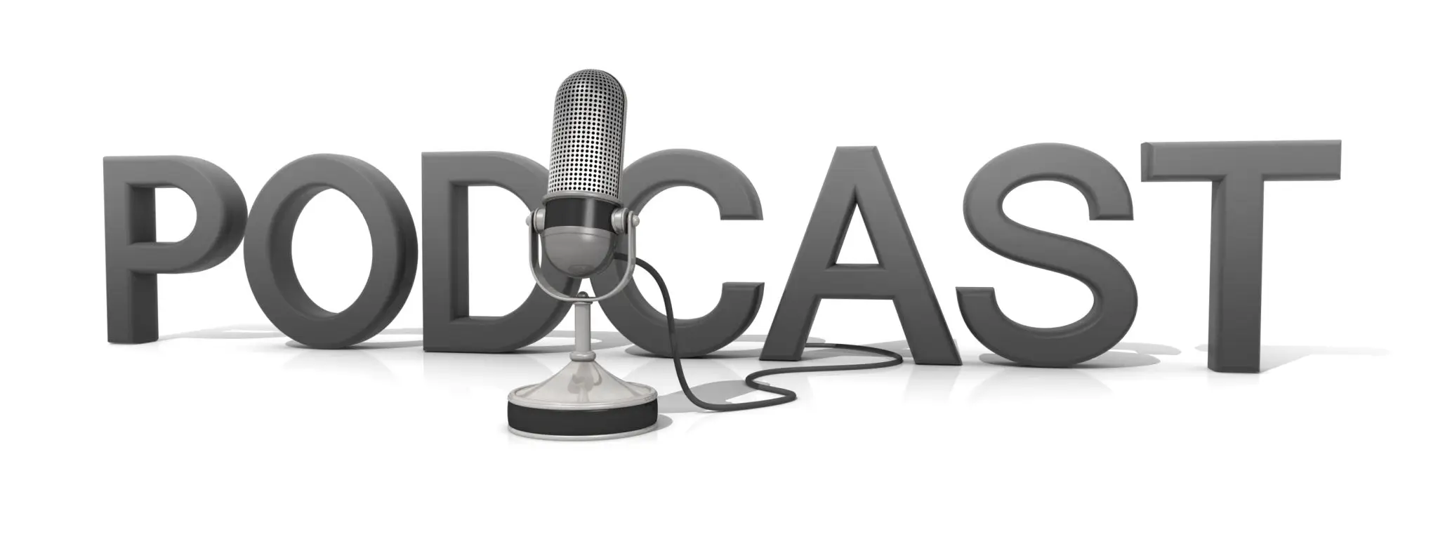 Podcast text with vintage microphone illustration.